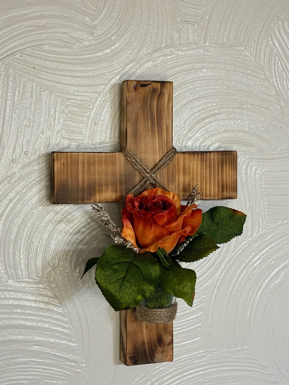 Handcrafted Wooden Wall Cross with Orange Rose Faux Floral Accent